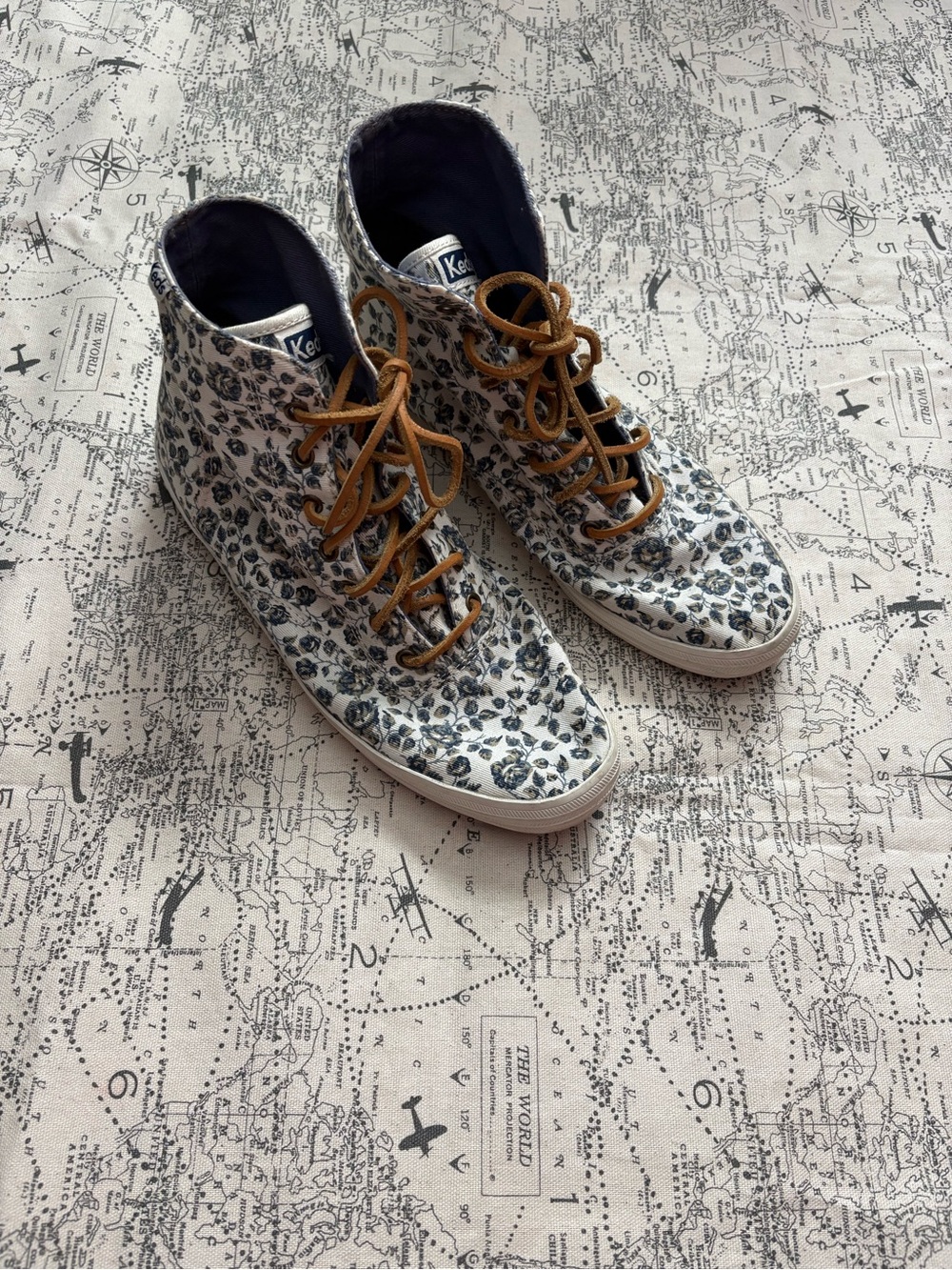 Keds High-Top Sneakers in White, Navy Floral with Brown Laces